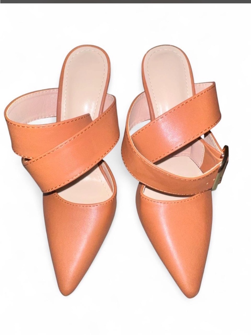 Women's Tan Pointed Toe Mule with Wide Cross Buckle Strap